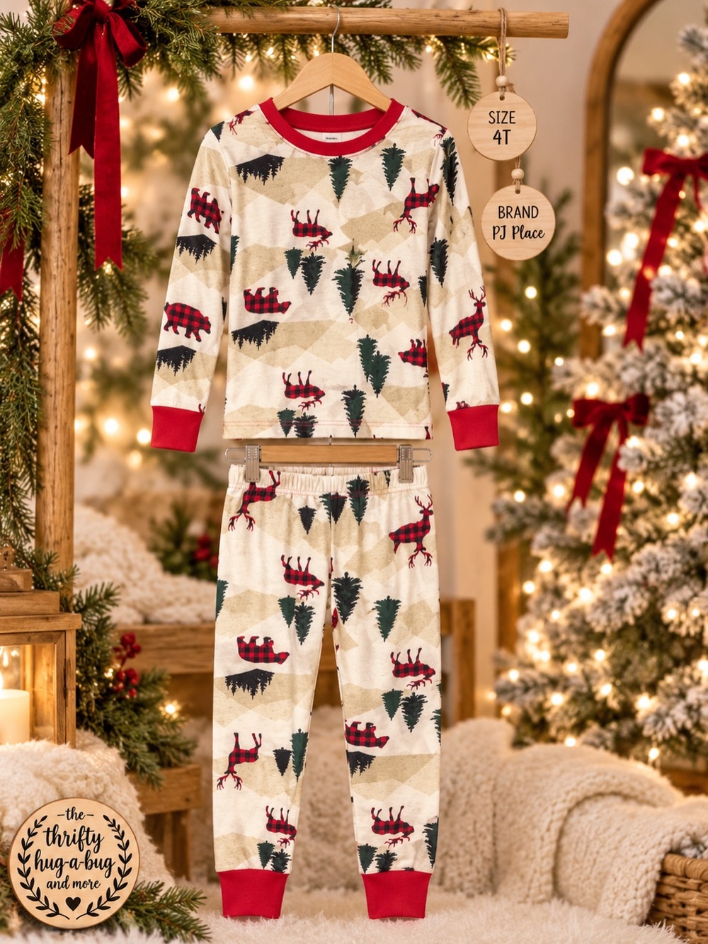 PJ Place Christmas Pajama Set 4T Plaid Moose Bear Woodland 2 Pieces